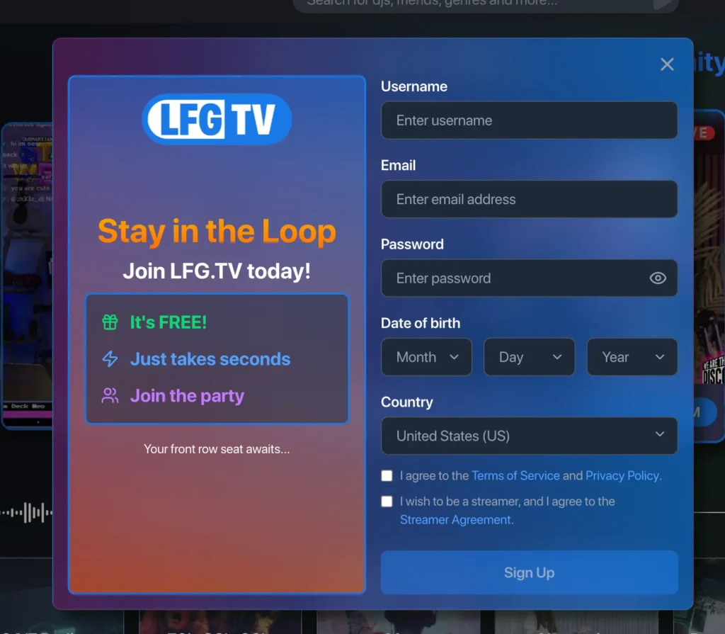 Formulario de registro de LFG.tv